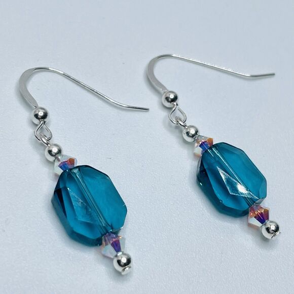 925 Sterling Artisan Made With Swarovski Blue Ab White Beaded Crystal Earrings - Picture 2 of 5